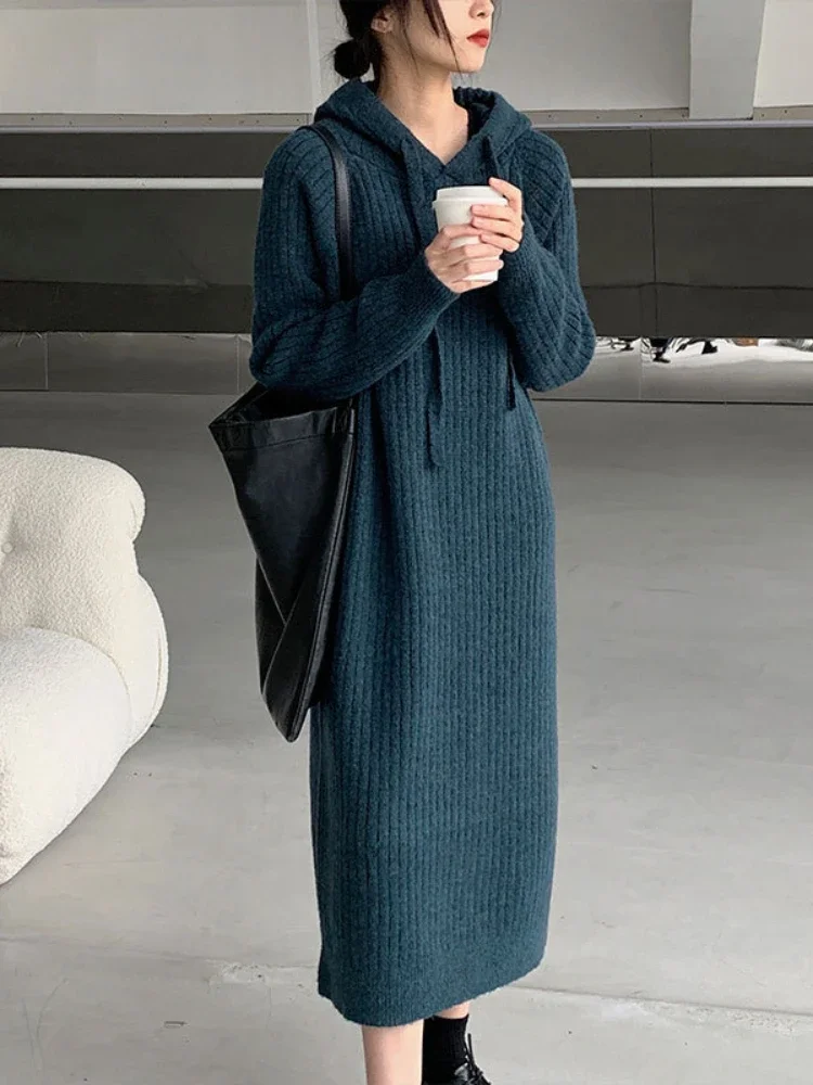 Top Trends: Long-sleeved Dress Autumn Winter Hooded Collar LOOSE Sweater Women&#039;s Long Over-the-knee Knitted Dress Elegant Women&#039;s Sweater Shoppable Styles