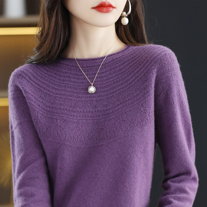 Top Trends: Trendy Style One-Line Ready-To-Wear Pure Wool Sweater Women's Hollow Knitted Pullover Autumn And Winter Rolled Edge O-Neck Top Shoppable Styles - Image 4