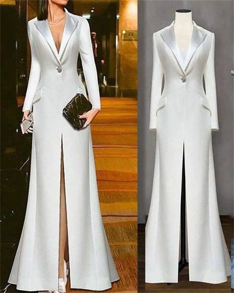 Top Trends: Designer Women Suit Blazer Cotton Maxi Prom Dress Satin Lapel Formal Office Coat Jacket Sexy V Neck Wedding Party Gown Tailored Shoppable Styles