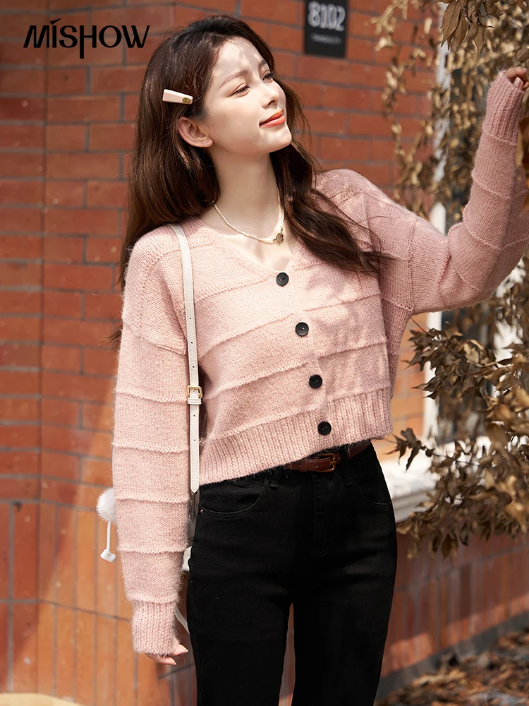 Top Trends: MISHOW Knitted Crop Cardigan Sweater Women Autumn Women's Vintage V Neck Jumper French Single Breasted Coat Sweet Top MXC41Z0153 Shoppable Styles