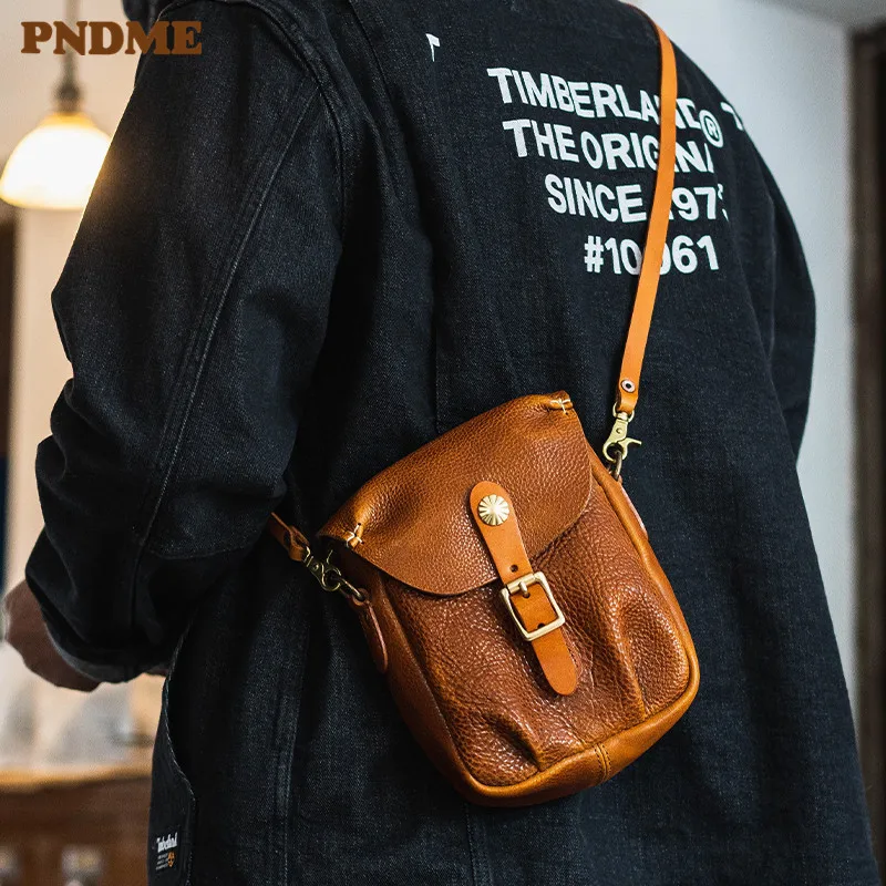 Top Trends: PNDME Fashion Vintage Designer Luxury Genuine Leather Men&#039;s Small Phone Bag Weekend Daily Natural Real Cowhide Mini Shoulder Bag Shoppable Styles