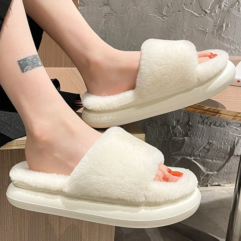 Top Trends: Thick Fluffy Fur Slippers 2022 New Women Winter House Warm Furry Slippers Women Flip Flops Home Slides Flat Indoor Floor Shoes Shoppable Styles