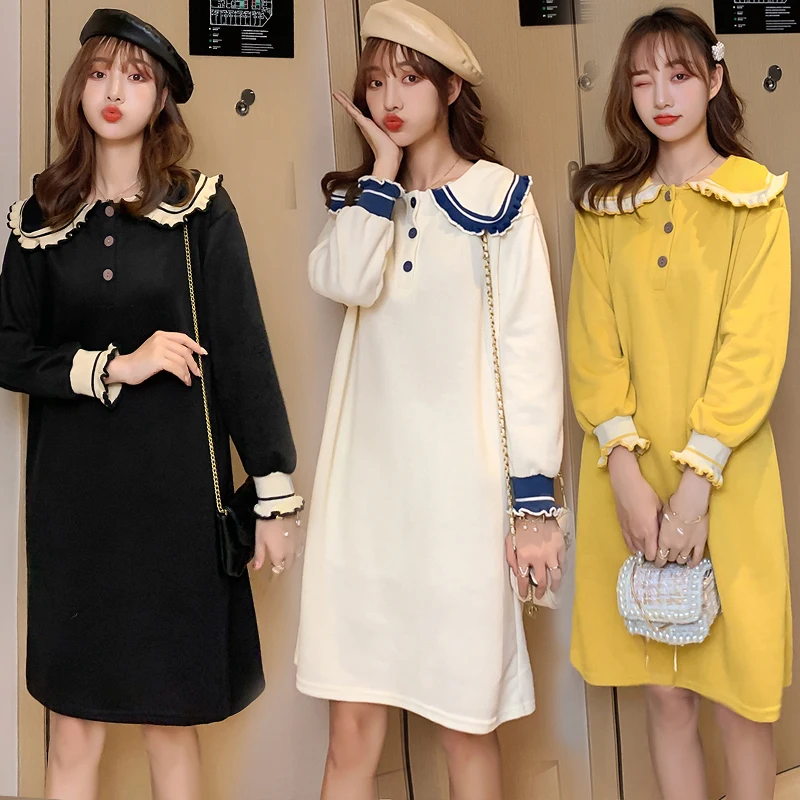 Top Trends: 2024 Spring Autumn Pregnant Women's Loose Long Sleeve Dress Peter Pan Collar Maternity A-Line Dress Plus Size Pregnancy Clothes Shoppable Styles