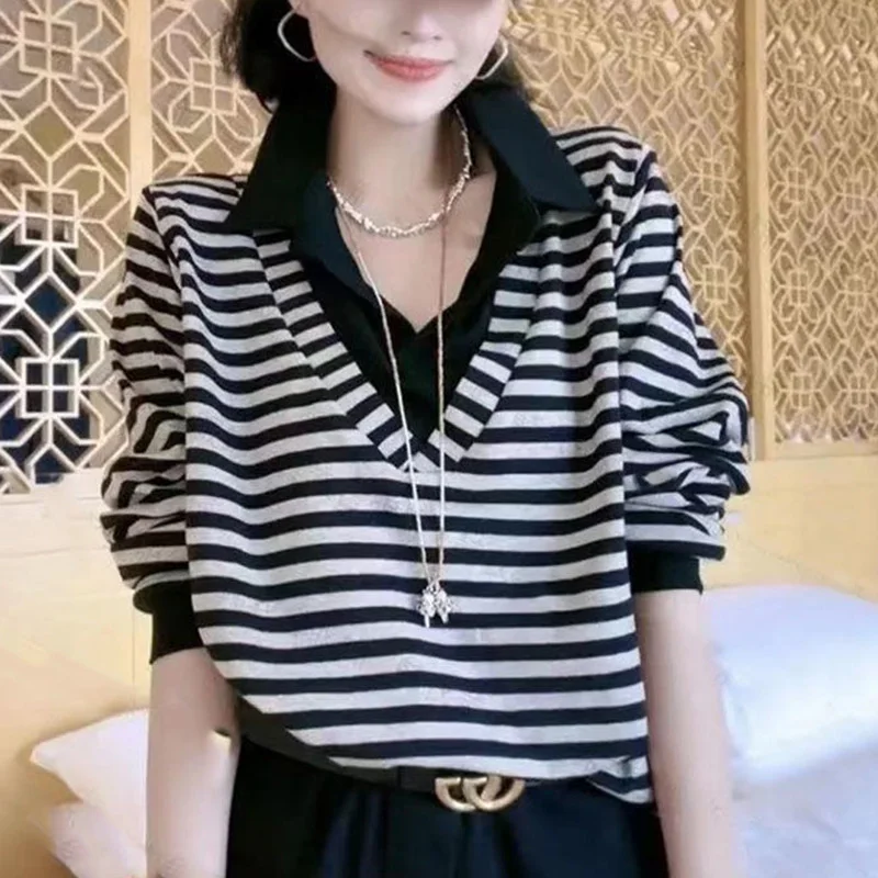 Top Trends: Fashion Lapel Spliced Loose Fake Two Pieces Striped Blouse Female Clothing 2023 Autumn New Casual Pullovers Tops Commute Shirt Shoppable Styles - Image 6