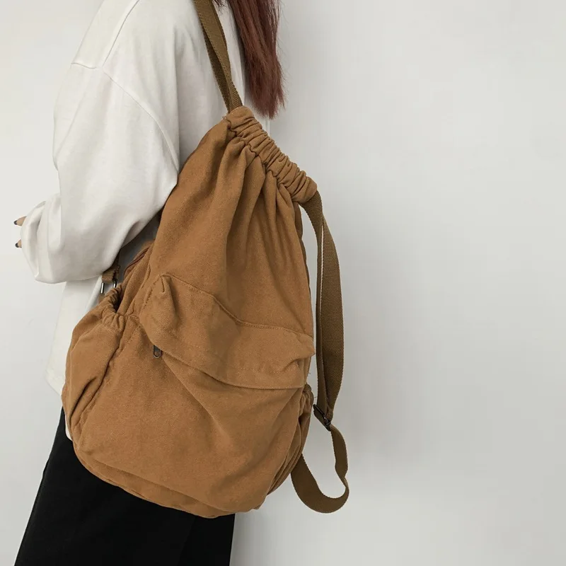 Top Trends: Girl Solid Color Retro Style Canvas Korean Casual Women Backpack Harajuku High School Students Washed Canvas Drawstring Backpack Shoppable Styles