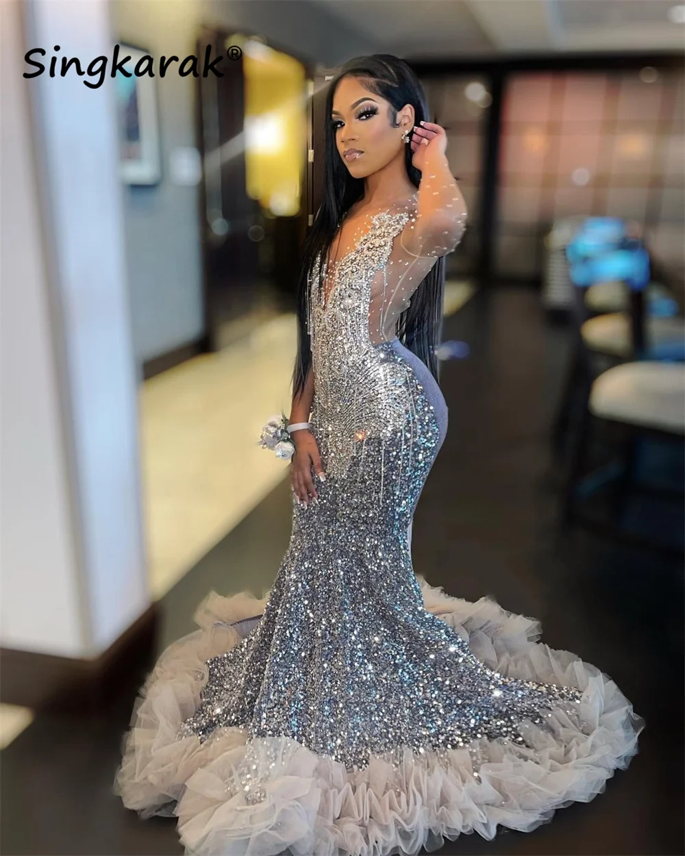 Top Trends: Luxury Sparkly Diamonds Prom Dress 2024 For Black Girls Mesh Sleeves Glitter Crystal Ruffle Bead Evening Party Gown Robe Shoppable Styles