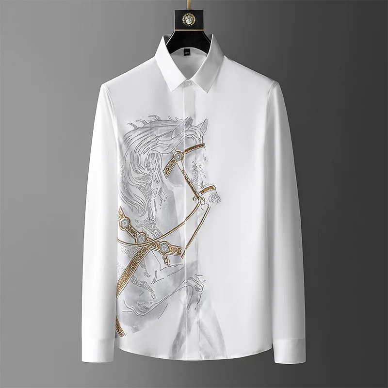 Top Trends: Rhinestones Shirts Mens Luxury Top Diamond Men's Shirt Long Sleeve Slim Casual Shirt Black Animal Horse Shirt Social Autumn Shoppable Styles