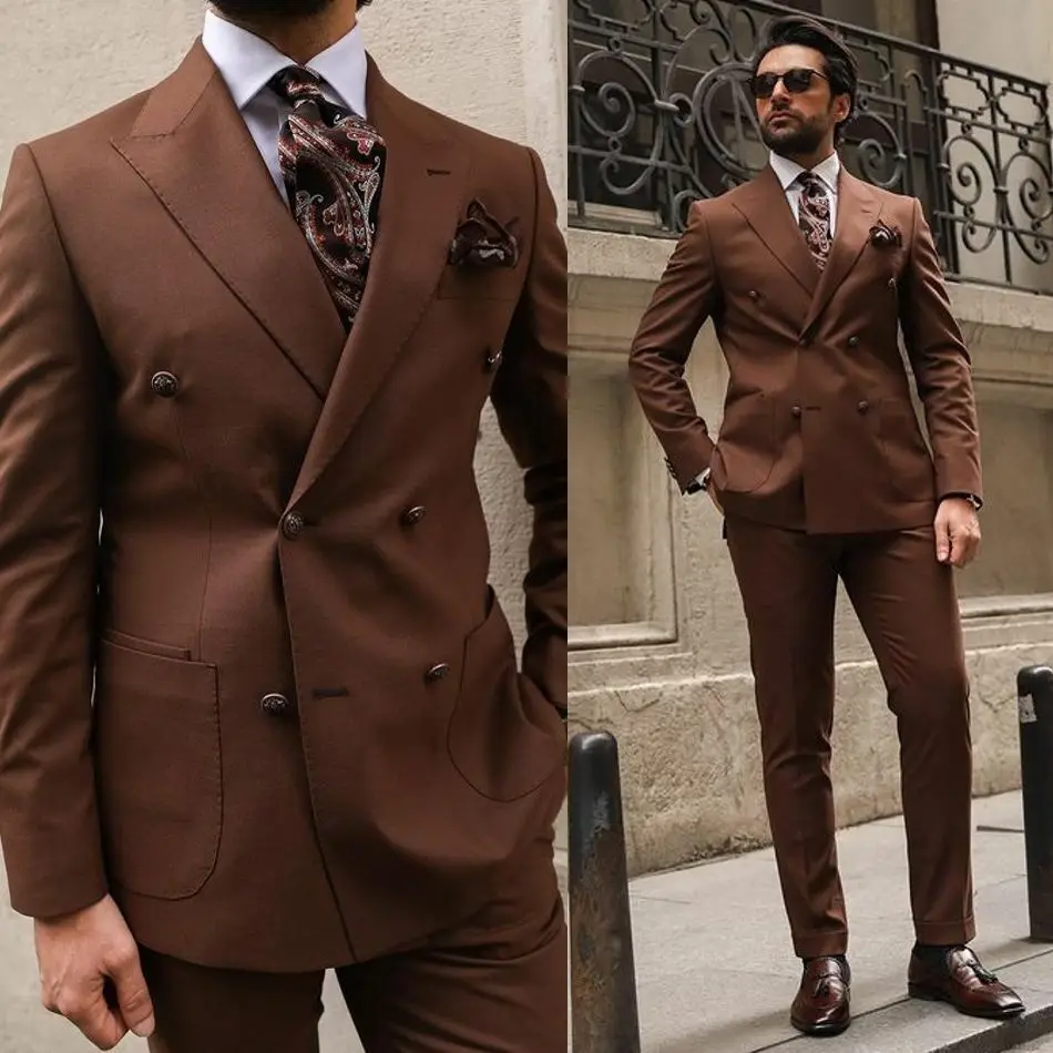 Top Trends: Formal Men Suits Double Breasted Brown Peaked Lapel Hombres Slim Fit Casual Jacket Pants Two Piece Luxury Wedding мужской костюм Shoppable Styles