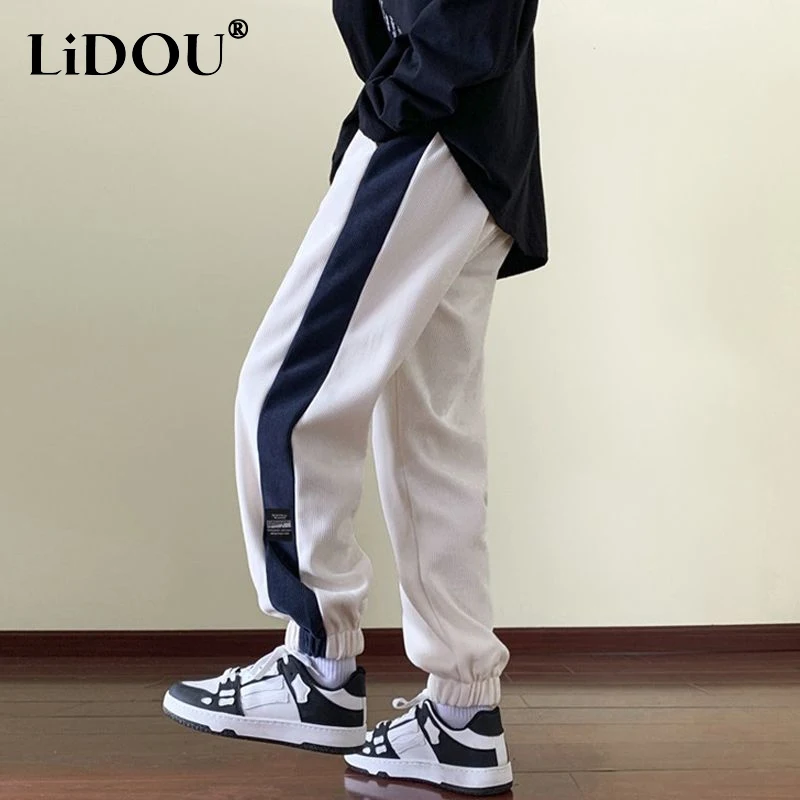 Top Trends: Autumn Winter New Contrast Color Fashion Elastic Waist Sweatpants Man High Street Casual Drawstring Plus Velvet Warm Trousers Shoppable Styles