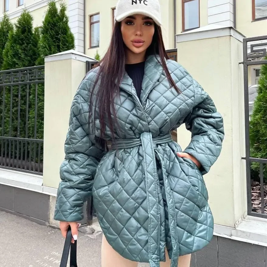 Top Trends: 2022 Fashion Autumn And Winter Coat Slim Fitting Bandage Lapel Long Sleeve Plaid Long Personalized Cotton Coat Women&#039;s Top Shoppable Styles