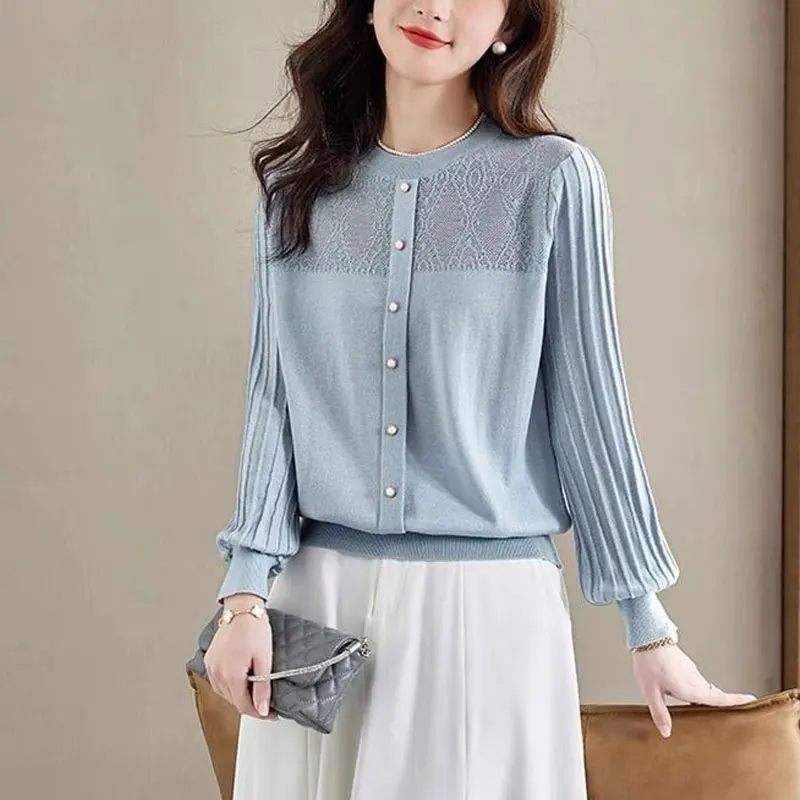 Top Trends: Female Clothing Fashion Hollow Out Blouse Korean Solid Color Spring Autumn Commute Button Loose Casual Round Neck Knitted Shirt Shoppable Styles