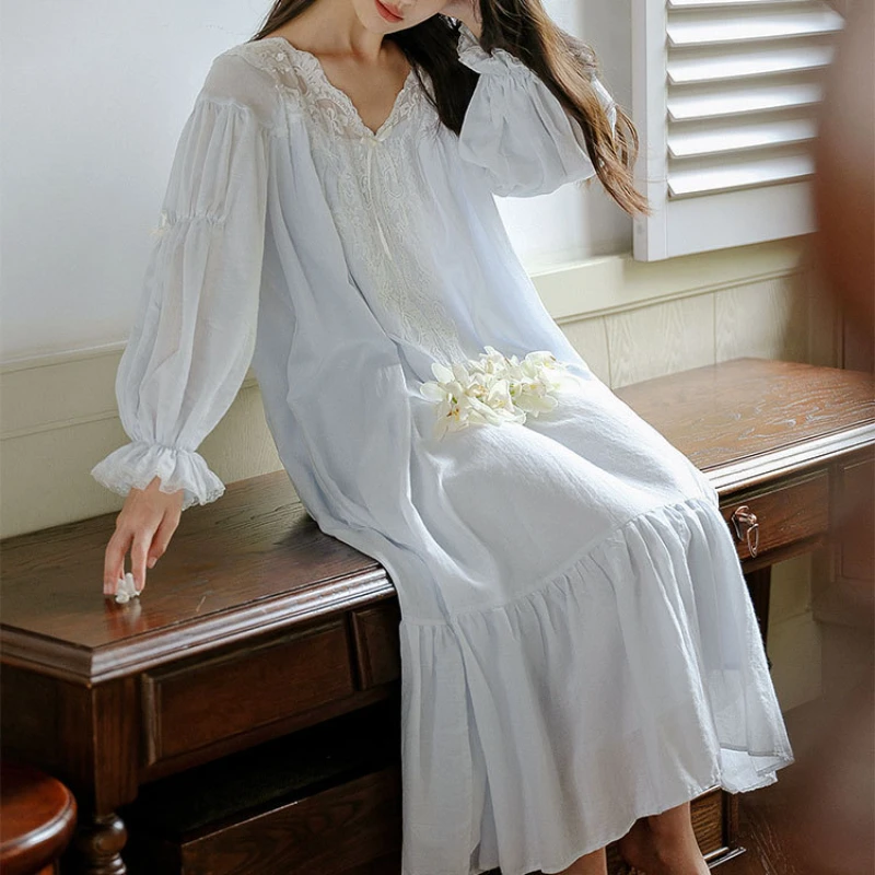 Top Trends: Pure Cotton Vintage Nightgown Women Spring Autumn Long Sleeve Lace Nightdress Victorian Night Dress Home Wear Princess Sleepwear Shoppable Styles