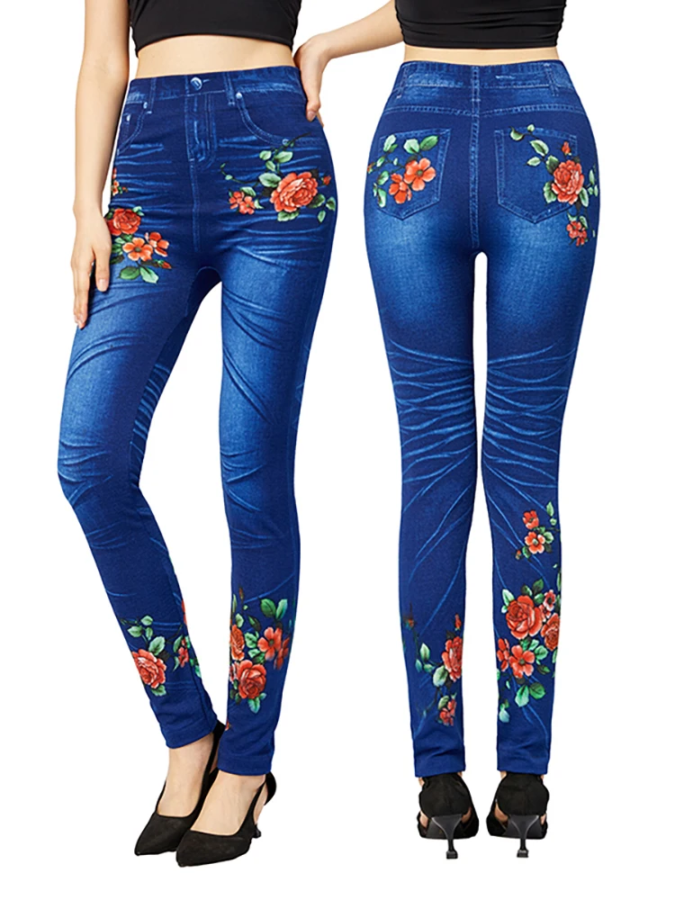 Top Trends: CUHAKCI New Blue Faux Jeans Women Floral Printing Leggings Slim Fit Elegant Pencil Pants Plus Size Elastic False Denim Jeggings Shoppable Styles