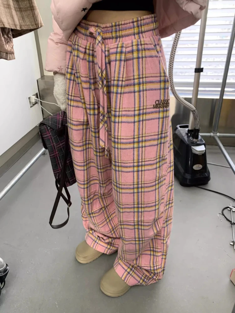 Top Trends: Deeptown Y2K Pink Plaid Pants Women Korean Fashion Winter Wide Leg Checked Trousers Oversized Harajuku Vintage Baggy Sweatpants Shoppable Styles