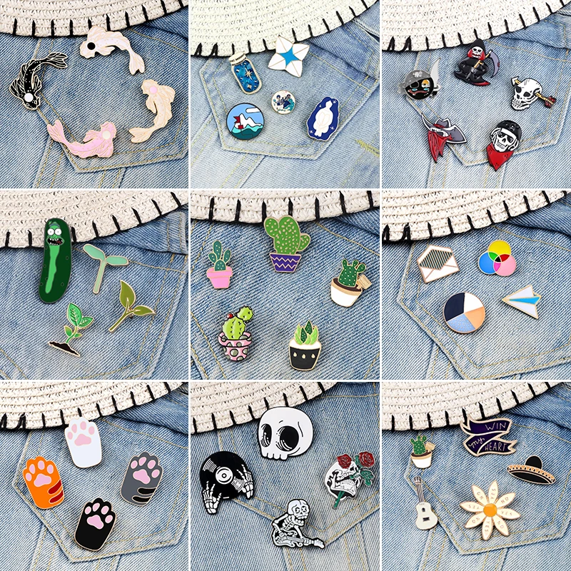 Top Trends: 4-5 Pcs / Set Green Tree Bud Brooches Yin Yang Koi Fish Pins Enamel Ukulele Lapel Pin Cat Paws Skeleton Grim Reaper Badges Jewelry Shoppable Styles