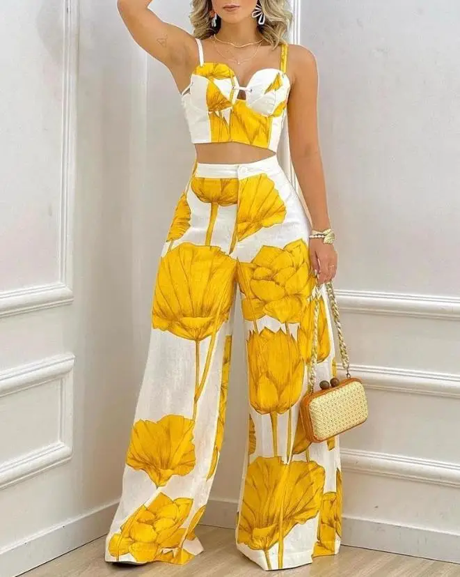 Top Trends: Two Piece Sets Womens Outifits 2023 Spring Fashion Plants Print Sleeveless Crop Cami Top & Casual Wide Leg Vacation Pants Set Shoppable Styles