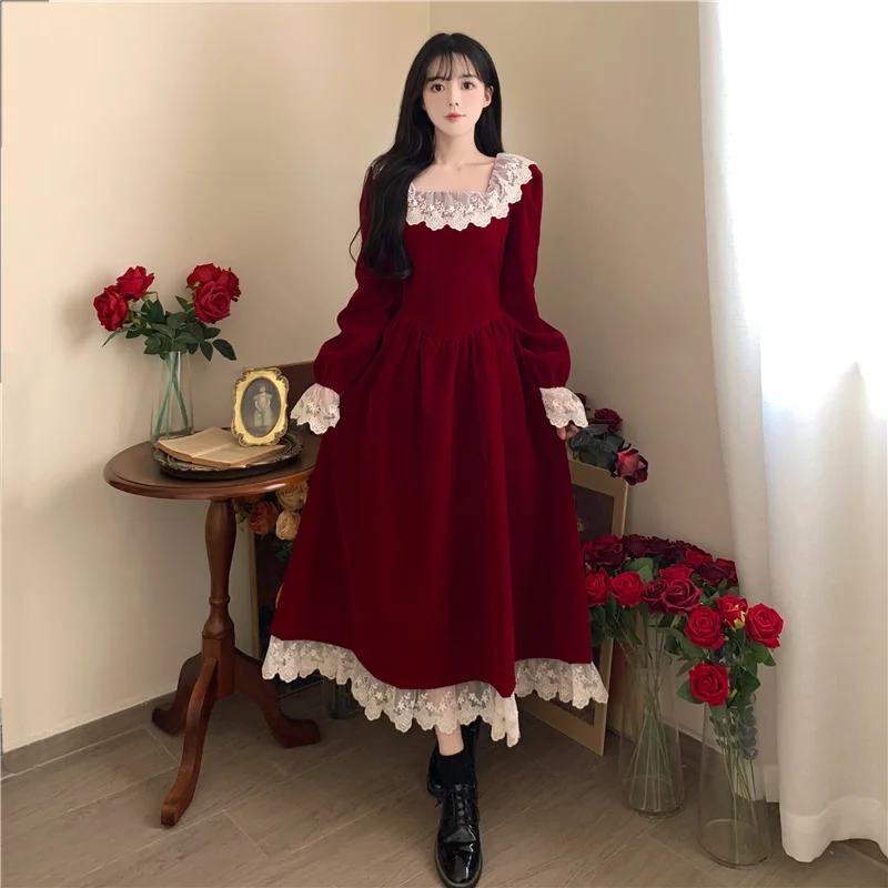 Top Trends: Christmas Dress Vintage Lace Splicing Gold Velvet Red Long Dress Elegant Thin Evening Dress Chic And Simple 2023 Autumn New Shoppable Styles