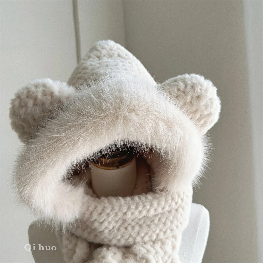 Top Trends: Hat Scarf Gloves Three-piece Cap Warm Plush Bib Winter Girl Russian Toboggan Fluffy Knitted Beenies Shoppable Styles - Image 4