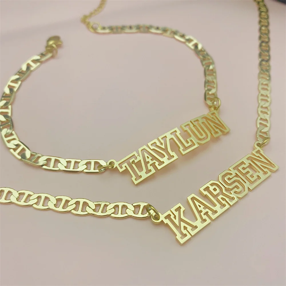 Top Trends: Custom Name Necklace & Bracelet Stainless Steel Jewelry Set Personalized Nameplate Flat Chain Necklace Bracelet Jewelry Gift Shoppable Styles