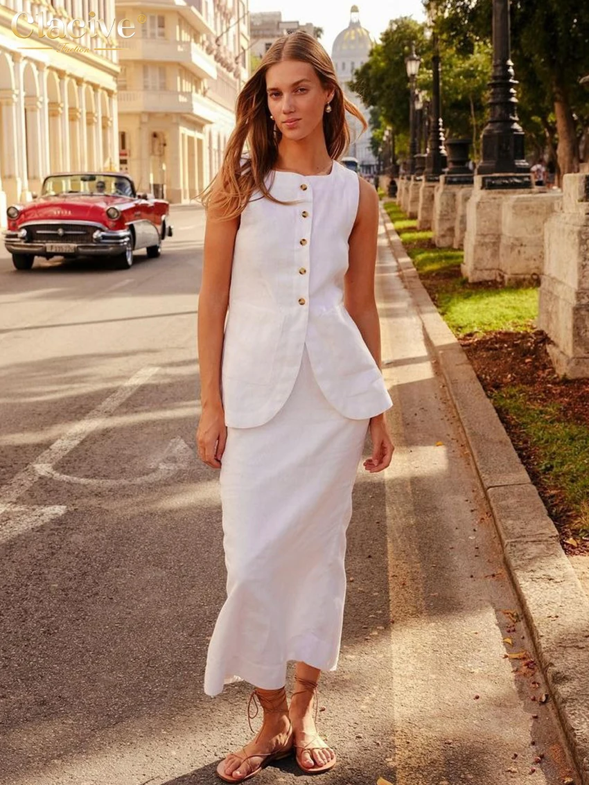 Top Trends: Clacive Summer Slim White Cotton Two Piece Set Women Outfit 2023 Elegant Sleeveless Tops With High Waist Long Skirts Sets Female Shoppable Styles