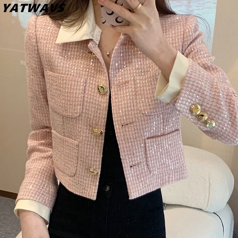 Top Trends: 2023 Autumn Winter Women Sequined Tweed Short Coat Long Sleeve Lady Turn-Down Collar Jacket Single Breasted Pocket Cardigan Tops Shoppable Styles