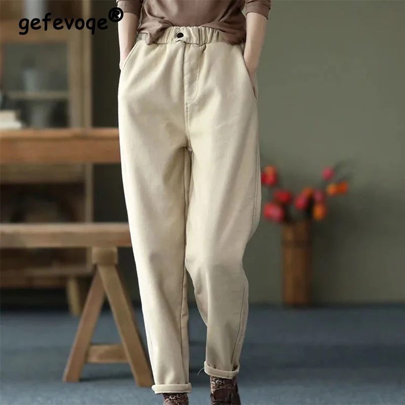 Top Trends: Autumn Winter Pure Cotton Casual Fashion Elastic Waist Harem Pants Women Vintage All-match Trousers Ladies Plus Velvet Bloomers Shoppable Styles