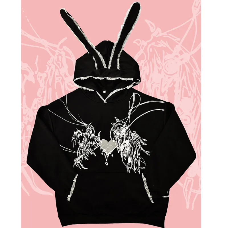 Top Trends: Lace Rabbit Ears Y2k Harajuku Hoodies Streetwear Black Hoodes Sweatshirts Punk Long Sleeve Pullover For Women Shoppable Styles