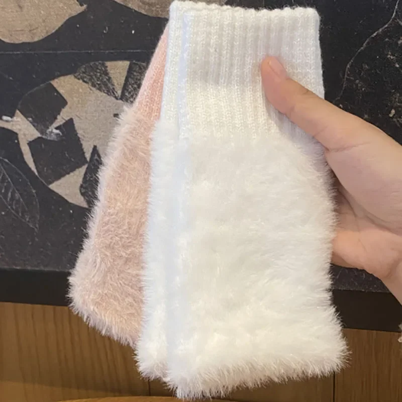 Top Trends: Mink Fleece Soft Winter Half Finger Gloves For Women Warm Luxury Solid White Plush Knitted Fingerless Gloves Mittens Writting Shoppable Styles