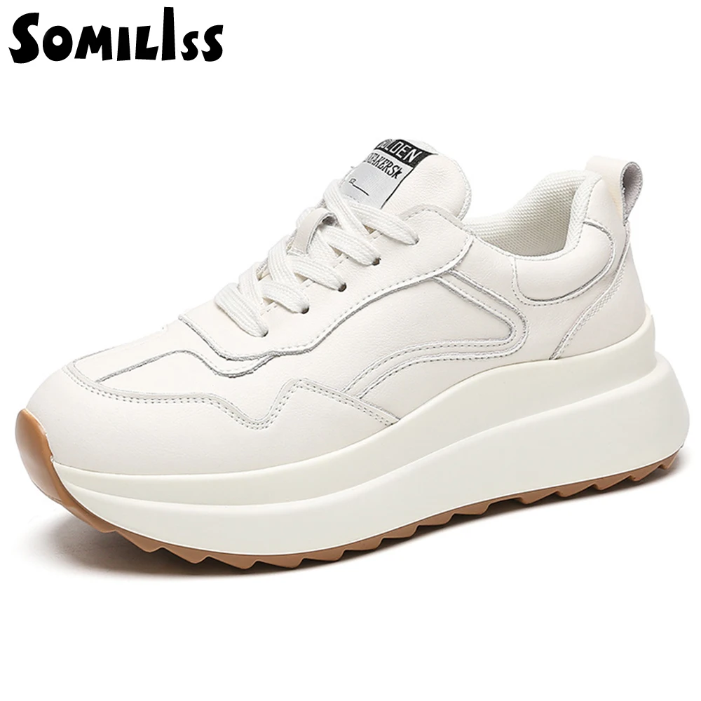 Top Trends: SOMILISS Genuine Leather Chunky Platform Sneakers Women&#039;s Casual Sneakers Ladies Round Toe Lace Up Running Shoes Luxury Fashion Shoppable Styles