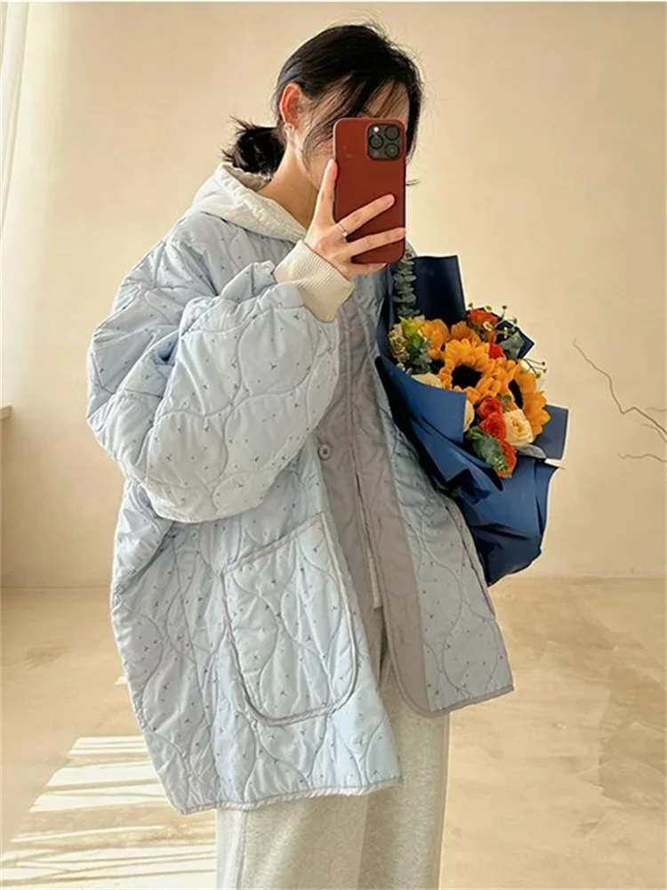 Top Trends: QWEEK Korean Fashion Padded Jacket Women Y2K Fairycore Winter Blue Parkas Oversize Floral Print Sweet Gentle Button Up Outerwear Shoppable Styles