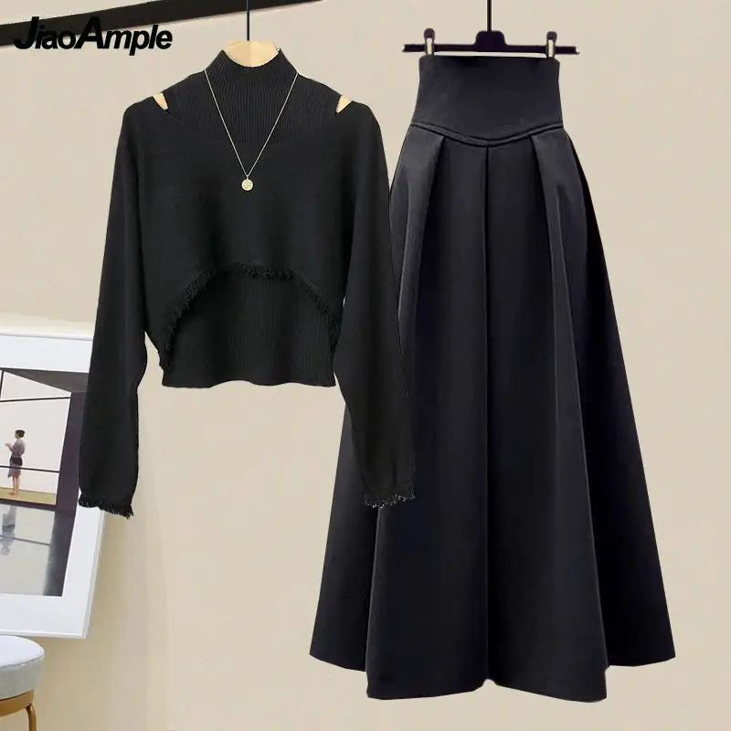 Top Trends: 2024 Spring Autumn New Korean Elegant Knit Tassel Cover Up+ Half High Collar Bottom Sweater+ Midi Skirt 3 Piece Women Dress Suit Shoppable Styles