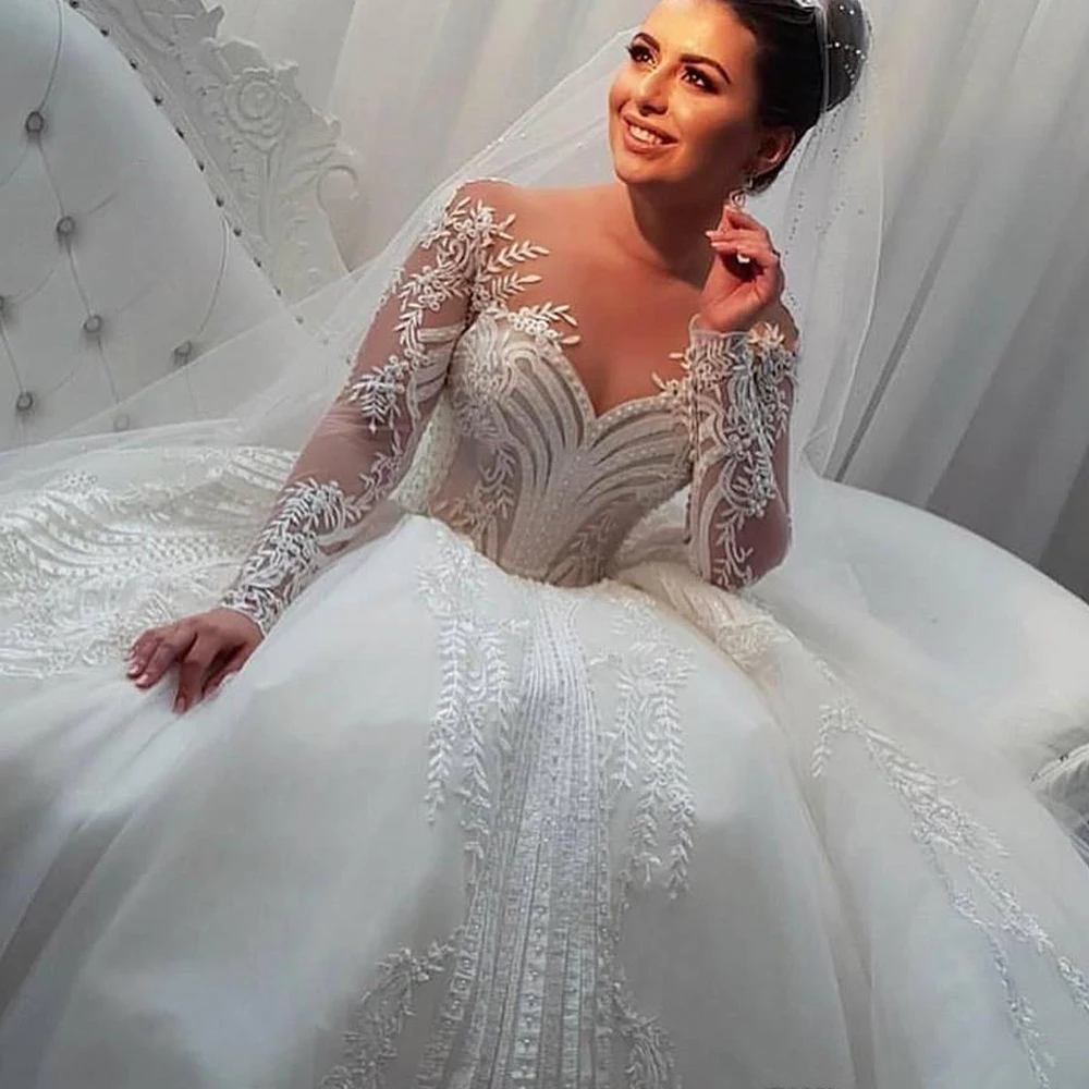 Top Trends: Long Sleeve Wedding Dress 2022 Elegant Vestidos De Noiva Custom Illusion Neck Tulle Robe De Mariée Ball Gown Lace Bridal Dress Shoppable Styles