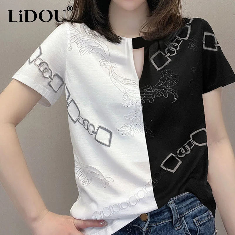 Top Trends: 2022 Summer Fashion Casual Cotton Round Neck Patchwork Hollow Simple T-shirt Diamonds Short Sleeve Loose Tshirt Tees Top Women Shoppable Styles