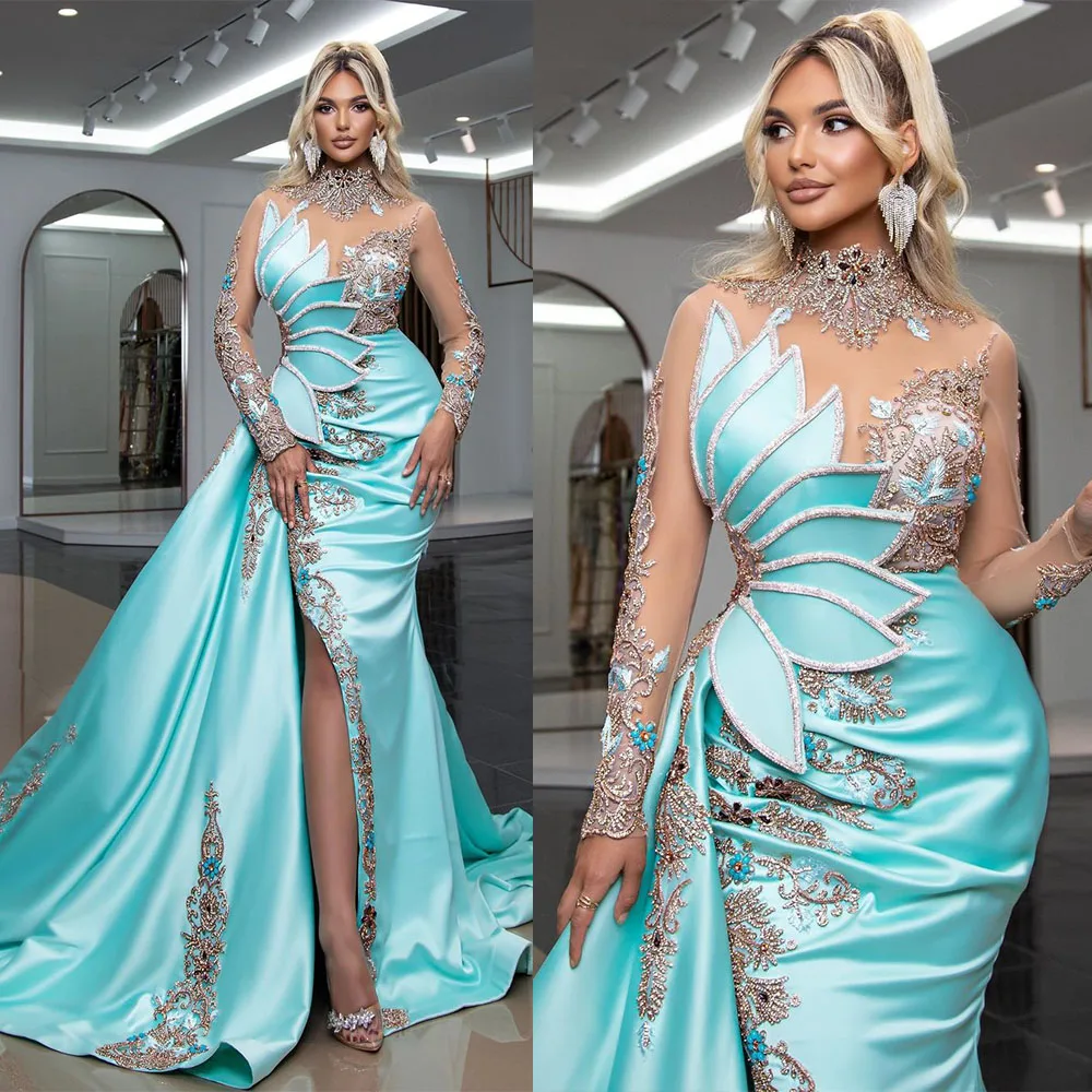 Top Trends: Glamorous Lake Blue Evening Dress High Illusion Long Sleeves Prom Gowns Rhinestones Side Split Party Dresses Custom Made Shoppable Styles