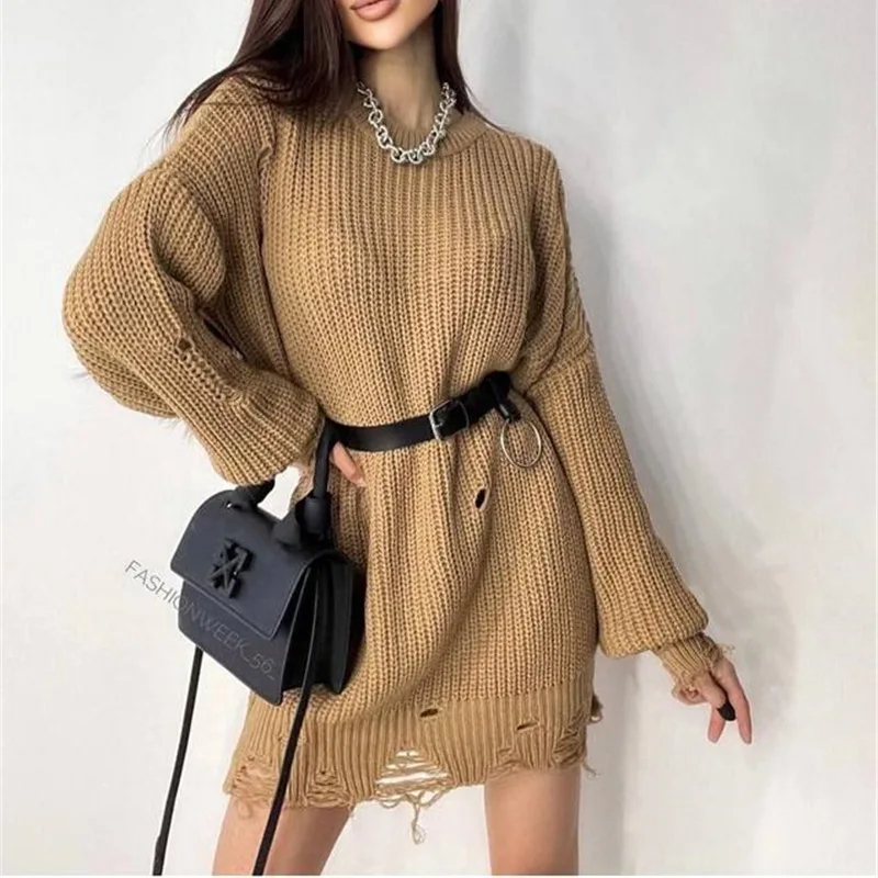 Top Trends: Women&#039;s 2022 Autumn And Winter Solid Color Casual Knitted Pullover Hem Ripped Loose Mid-length Sweater Shoppable Styles