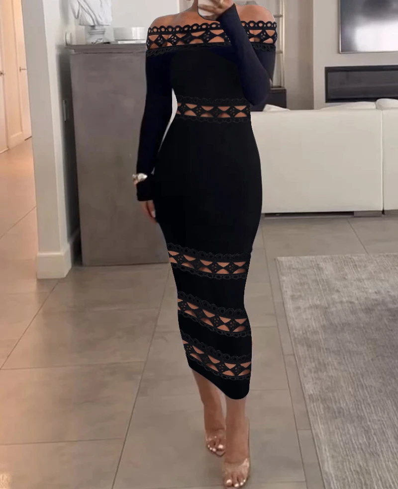 Top Trends: Sexy Dress Y2k Fashion Versatile Casual Off Shoulder Lace Patch Long Sleeve Midi Dresses Of Female Autumn And Winter New 2023 Shoppable Styles