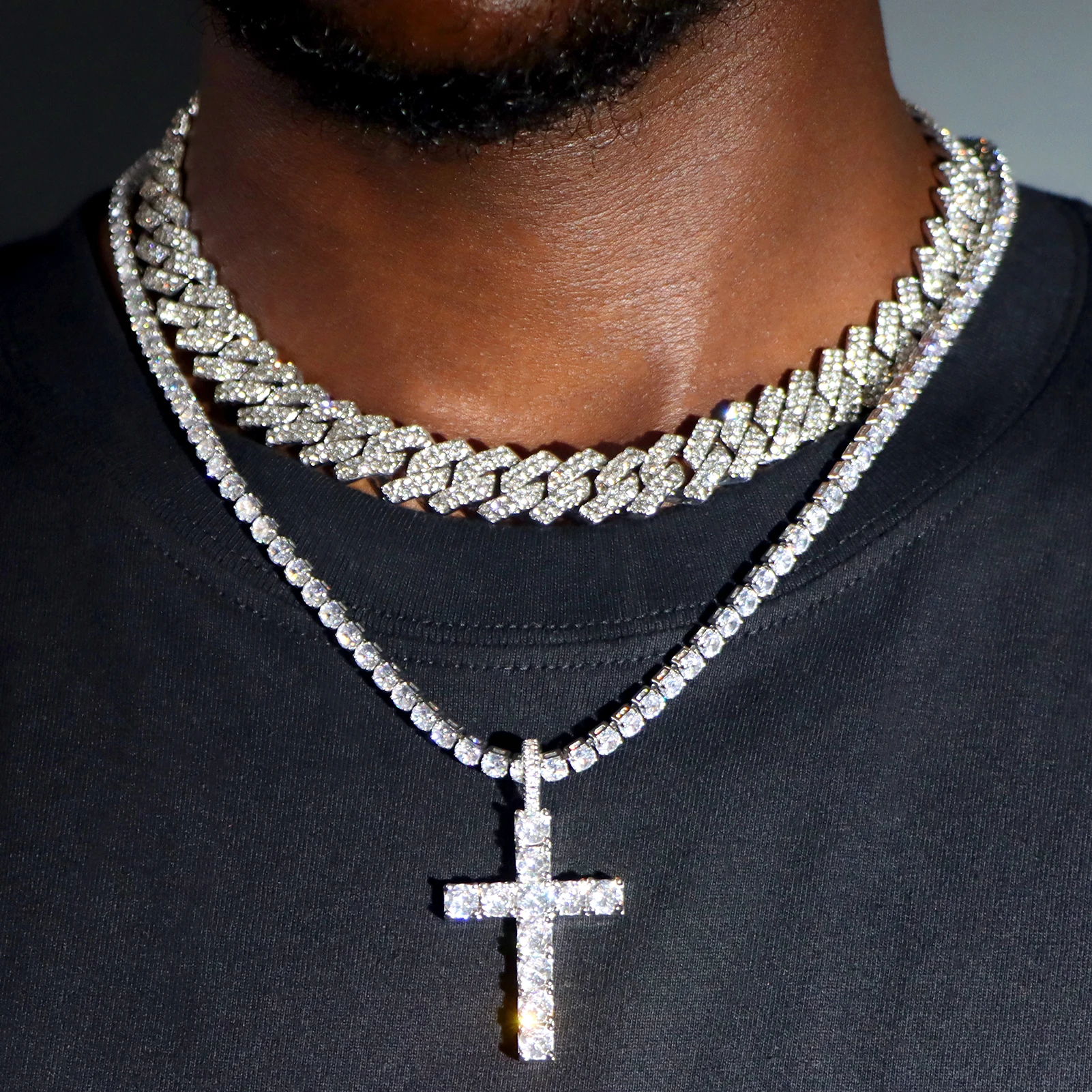 Top Trends: Hip Hop 2pcs Cross Tennis Chain 14MM Prong Cuban Necklace For Men Women Iced Out 2 Row Cuban Link Chain Necklaces Couple Jewelry Shoppable Styles