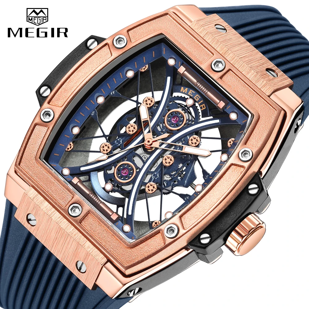 Top Trends: MEGIR Blue Fashion Sport Quartz Analog Watch For Men Tonneau Dial Waterproof Wristwatch With Silicone Strap Luminous Hands Date Shoppable Styles