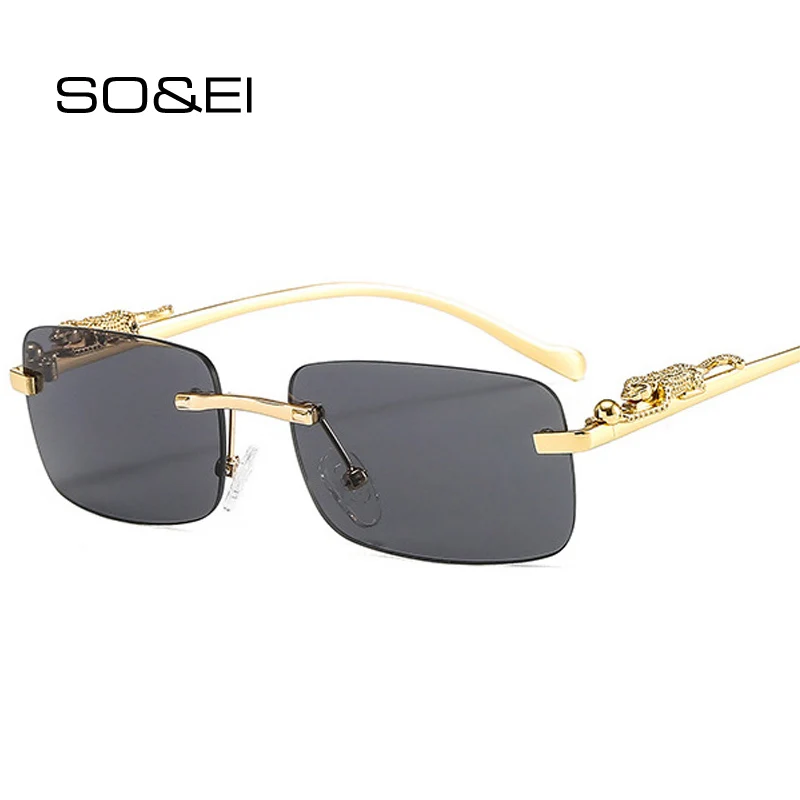 Top Trends: SO&EI Fashion Rimless Rectangle Sunglasses Women Retro Cheetah Decoration Clear Ocean Lens Eyewear Men Sun Glasses Shades UV400 Shoppable Styles