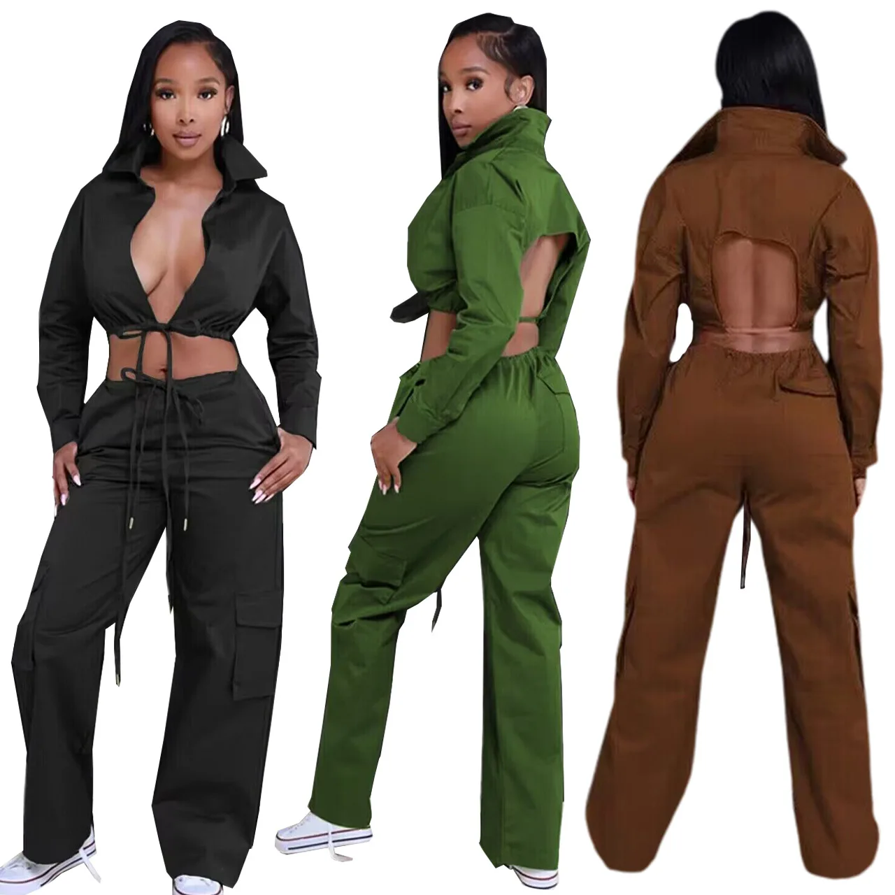 Top Trends: Cargo Women 2 Piece Set Solid Long Sleeve Back Cut Out Crop Shirts Wide Leg Cargo Pants With Pockets 2023 Autumn New Tracksuit Shoppable Styles