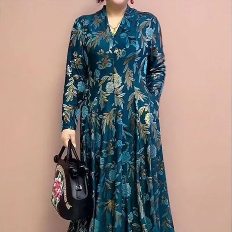 Top Trends: Elegant V-Neck A-Line Waist Long Dress Women&#039;s Clothing Commute Long Sleeve Spring Autumn Vintage Stylish Floral Printed Dresses Shoppable Styles