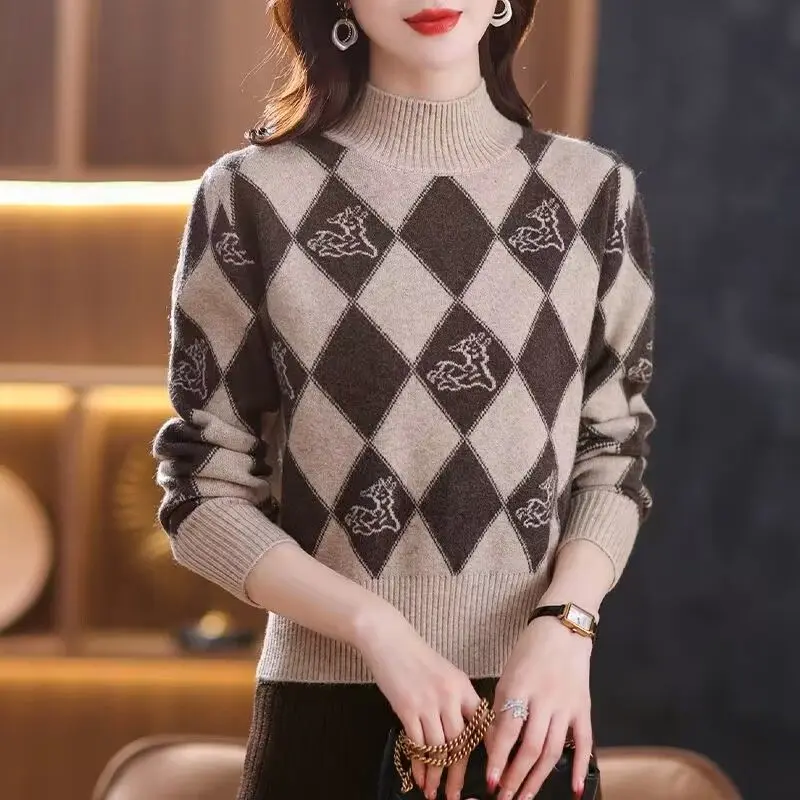 Top Trends: Vintage Women Half High Neck Plaid Sweater Autumn Winter Simple Jacquard Long Sleeve Korean Fashion Casual Knit Pullovers Tops Shoppable Styles