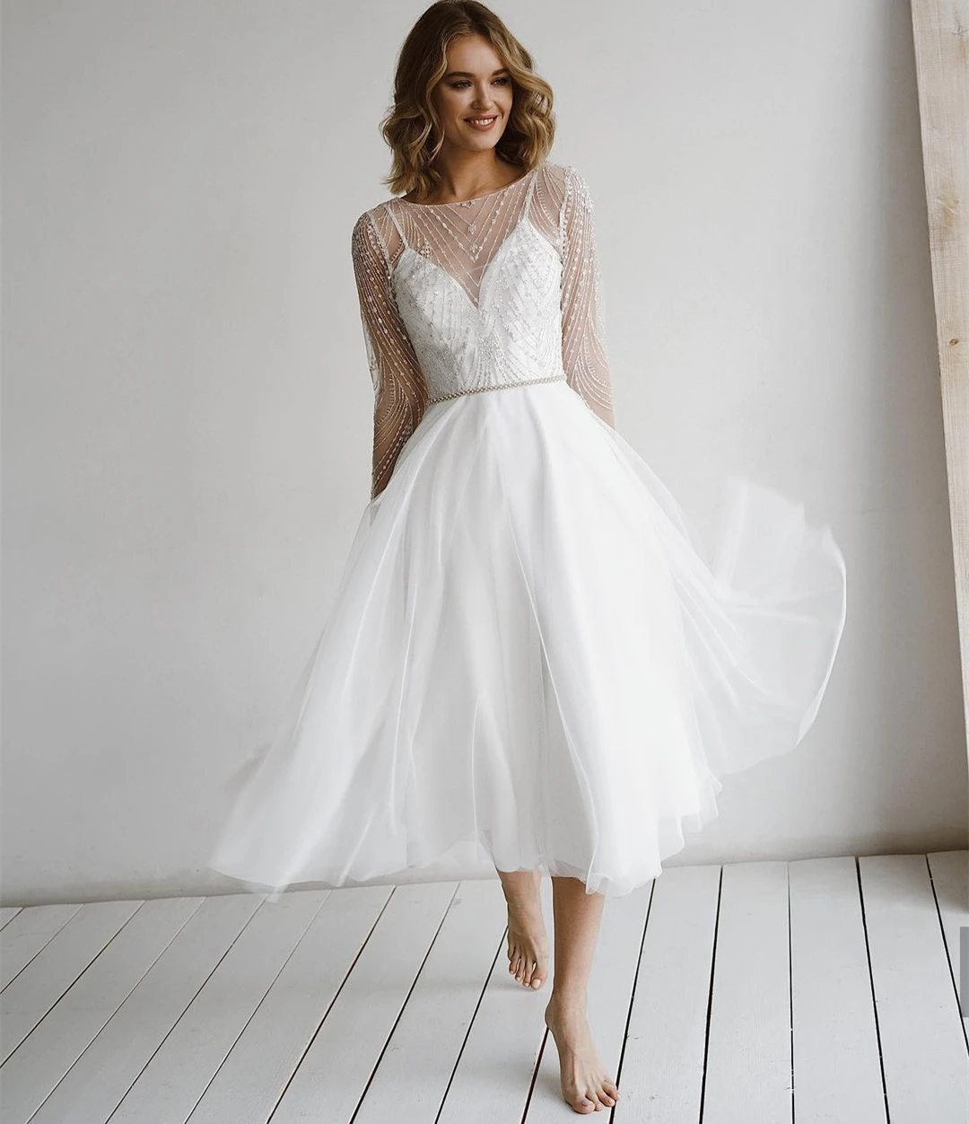 Top Trends: LSYX Elegant Short Wedding Dress 2023 Long Sleeves Beading Sashes Backless Appliques Party Gown Robe De Mariee Mid Calf A Line Shoppable Styles