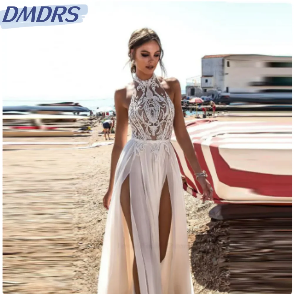 Top Trends: Classic Lace Appliques Dress For Bride Sexy Halter Backless Bridal Gown Boho A-line Long Wedding Dress Robe De Mariée Shoppable Styles