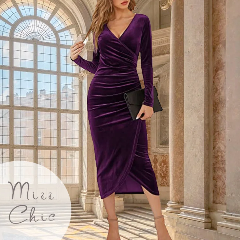 Top Trends: 2023 Autumn Velvet Bodycon Purple Midi Dress Women Long Sleeve Ruched Slim Fit Evening Robe Female Party Cocktail Dress Dresses Shoppable Styles