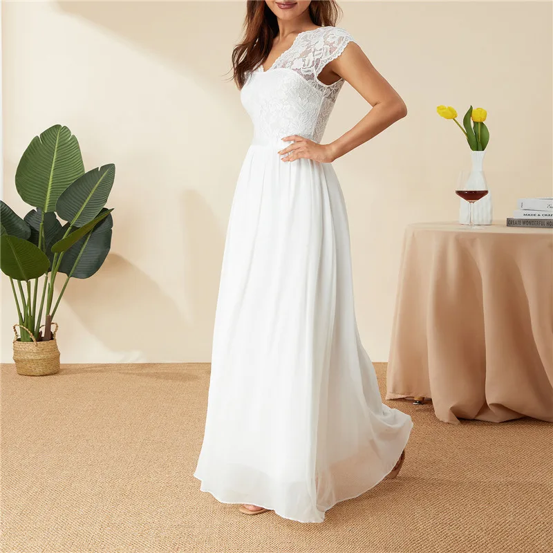 Top Trends: Women Elegant Maxi Long Evening Dress Solid Color Lace Patchwork Backless V Neck High Waist Dress Wedding Party Bridesmaid Shoppable Styles - Image 4