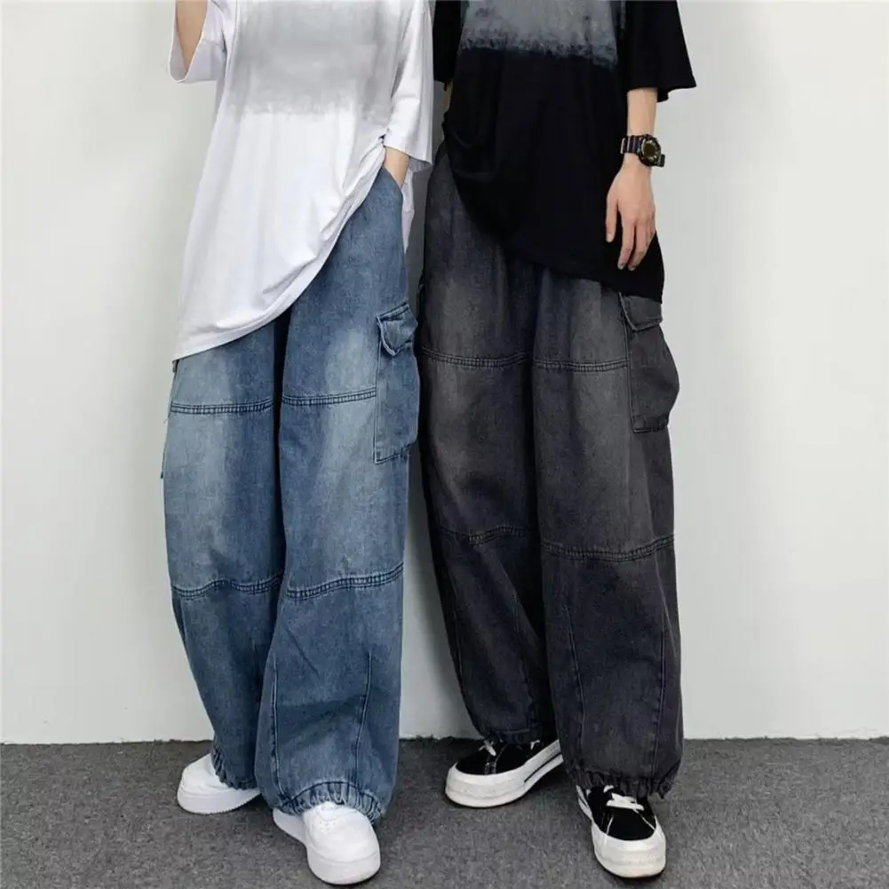 Top Trends: Men Baggy Cargo Jeans Multiple Pockets Solid Color Zipper Fly Loose Straight Wide Leg Pants Autumn Denim Trousers Streetwear Shoppable Styles