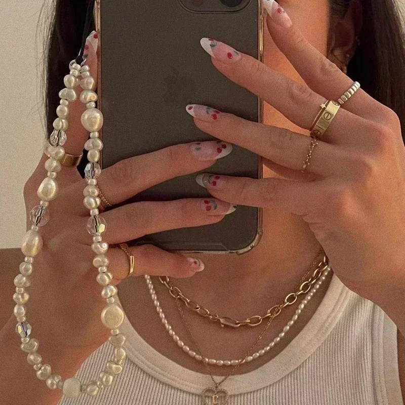 Top Trends: White Pearl Phone Charm Baroque Irregular Simulated Pearl Crystal Glass Beaded Mobile Phone Chain Women Wristlet String Keychain Shoppable Styles