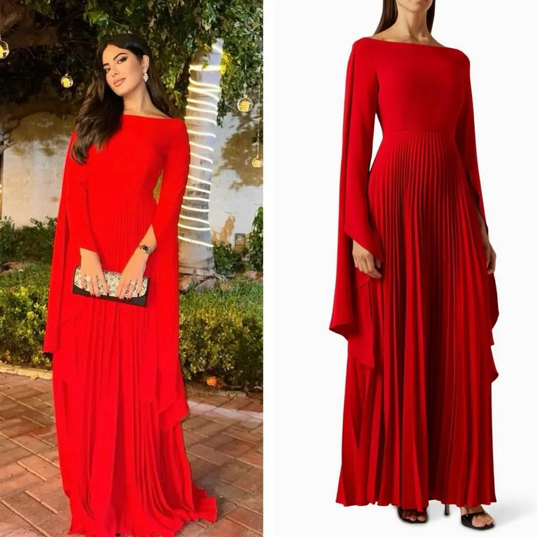 Top Trends: Vintage Red Long Sleeves O-Neck Prom Dresses Pleated Ankle Length Special Occasion Vestidos De Novia Evening Dresses Shoppable Styles