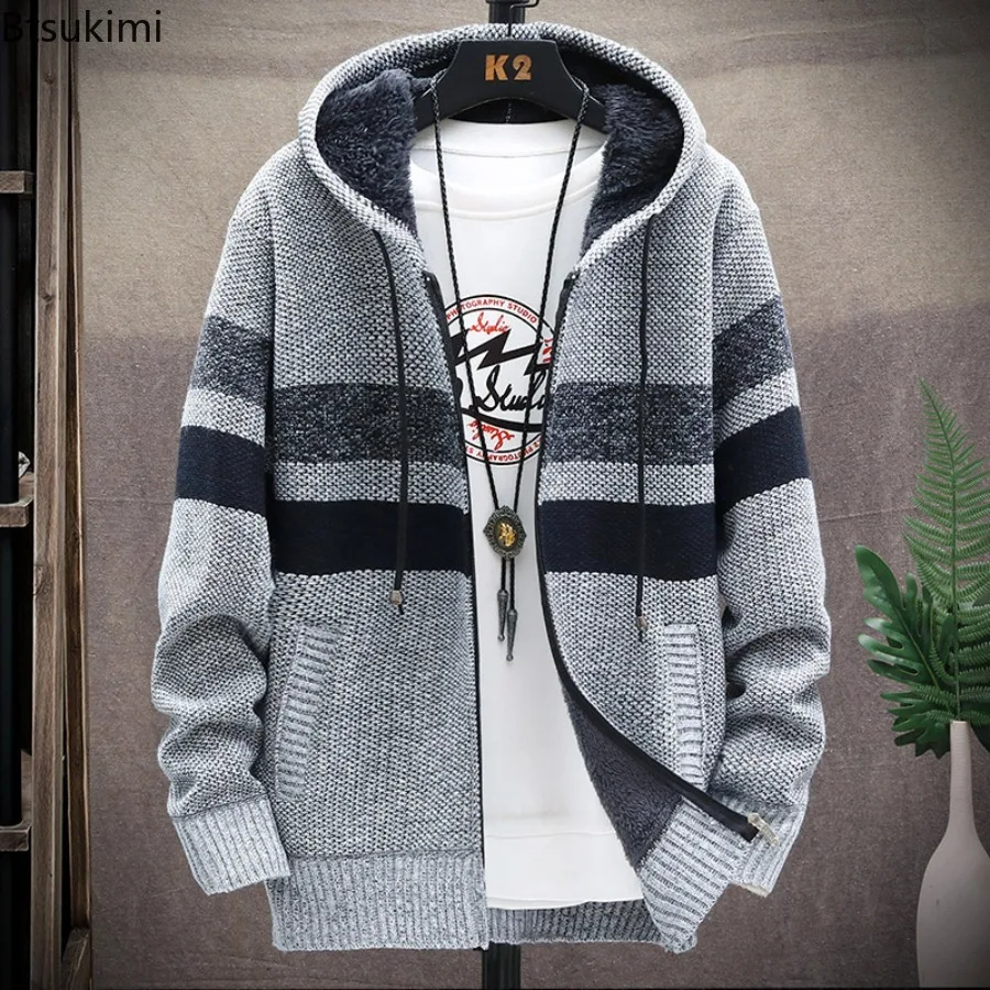 Top Trends: 2023 Men&#039;s Winter Thick Warm Striped Cardigan Sweater Hooded Faux Fur Wool Jacket Windbreaker Fleece Jumper Knitted Jacket Male Shoppable Styles